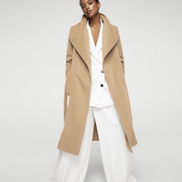 Mango Camel Wide Lapel Manteco Wool Belted Wrap Trench Coat - Picture 5 of 12